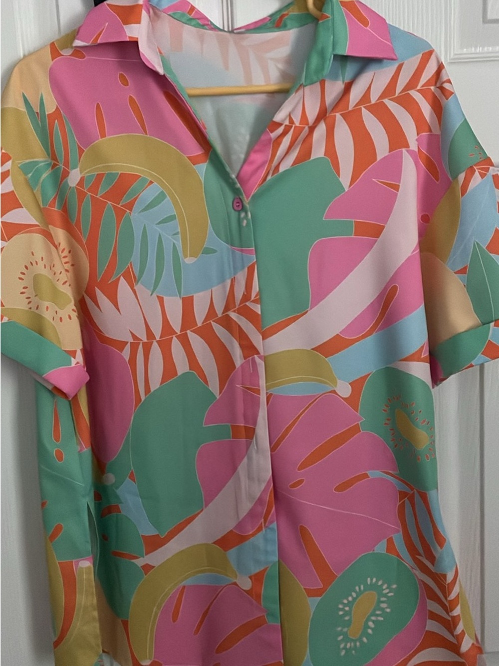 Tropical Print Button-Front Women's Shirt - Pink & Mint